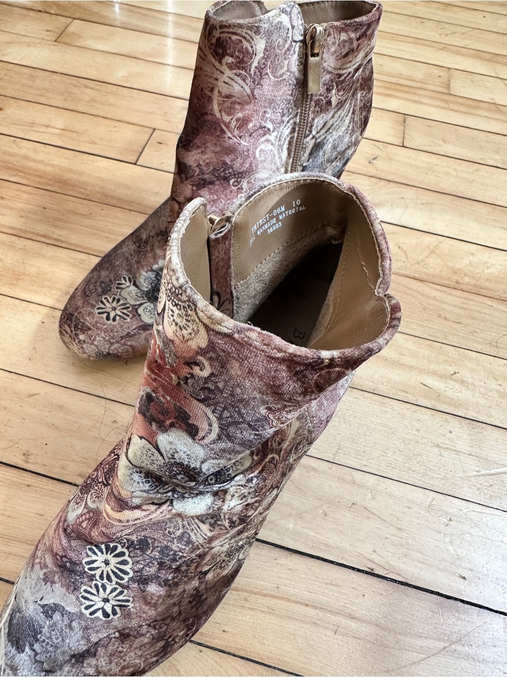 BAMBOO Floral Print Block Heel Ankle Boots in Pink and Brown